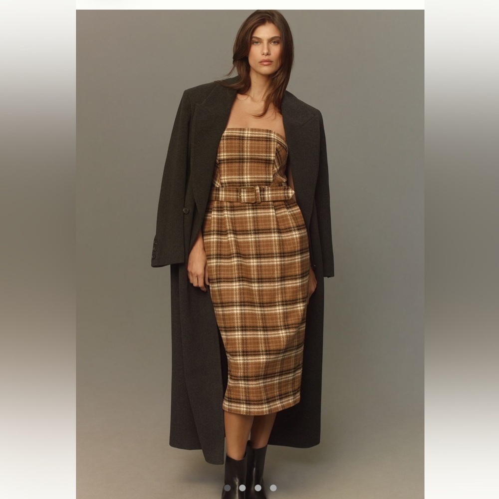 NWT Anthropologie Strapless Plaid Belted Midi Dress Women’s 6